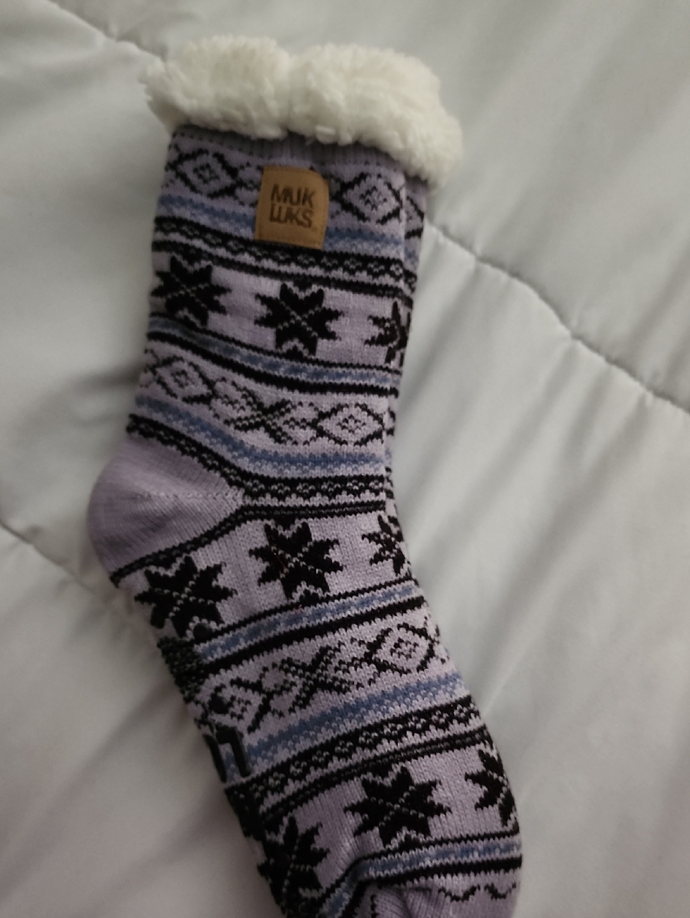 MUK LUKS Lavender and Black Snowflake Sherpa Lined Cabin Socks